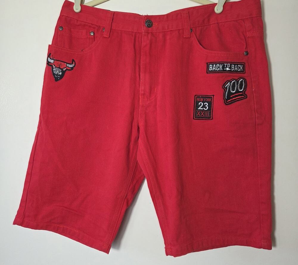 Vtg GS115 Jean Shorts Mens Size 40 Red Embroidered Bulls Logo Denim Baggy Jorts